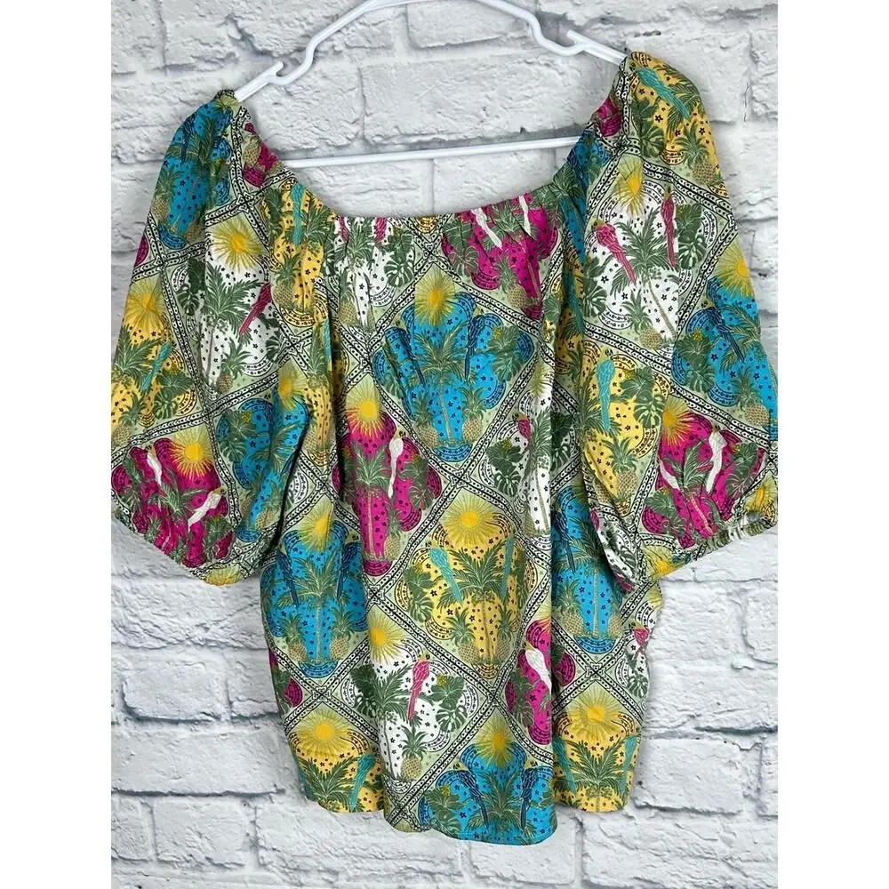 LOFT Palm Bubble Sleeve Square Neck Tropical Blouse Medium